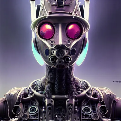 Image similar to low angle shot of a cyberpunk gazmask robot character made of fractal, intricate, elegant, highly detailed, centered, digital painting, artstation, concept art, smooth, sharp focus, illustration, artgerm, Tomasz Alen Kopera, Peter Mohrbacher, donato giancola, Joseph Christian Leyendecker, WLOP, Boris Vallejo