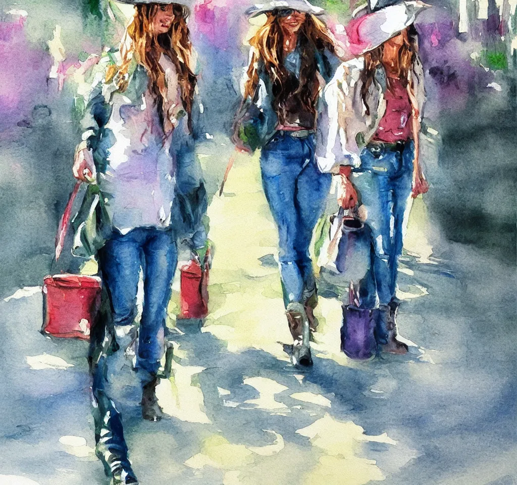 Image similar to cowgirl in bucket hat dark green skinny jeans waits at sunny urban Seattle Metro bus stop watercolor pastel painting artstation