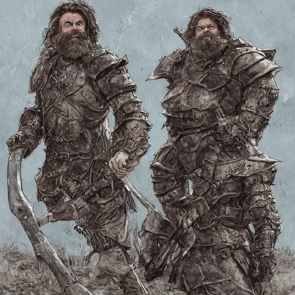 Prompt: Brian Blessed, as a barbrian in leather armor, in a wasteland, swinging an axe, in Travis Charest style