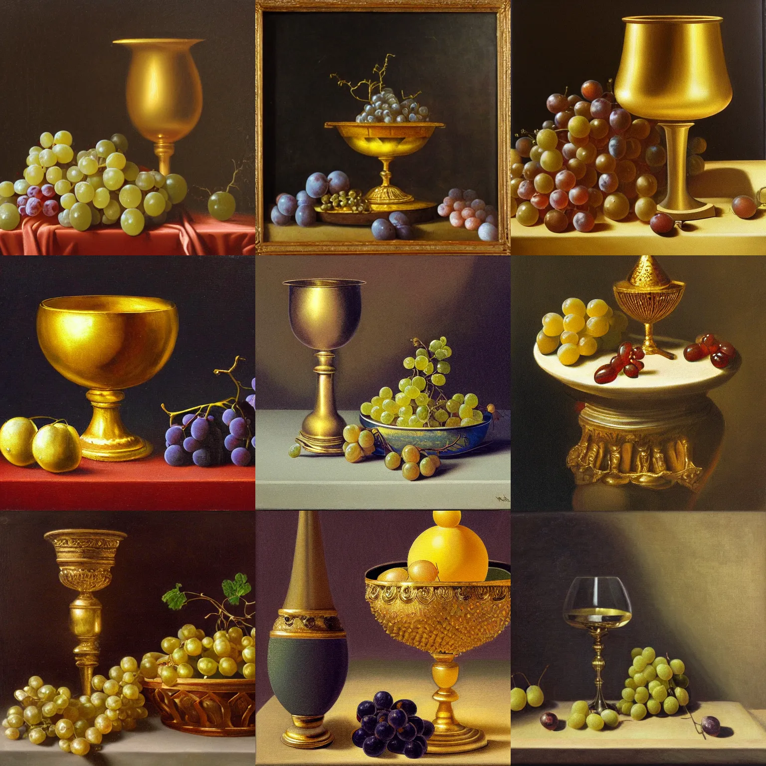 Prompt: still life painting of a golden goblet with grapes in it