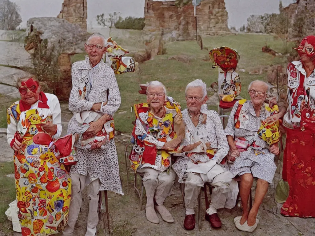 Image similar to a martin parr photo of a grandpa couple, wearing codex seraphinianus costumes