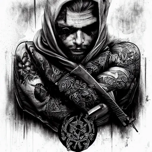 Image similar to Russian prisoner with russian criminal tattoos, highly detailed, symmetrical, detailed ink illustration, raiden metal gear, cinematic smooth, deep aesthetic, concept art, post process, 4k, , evil, moody lighting