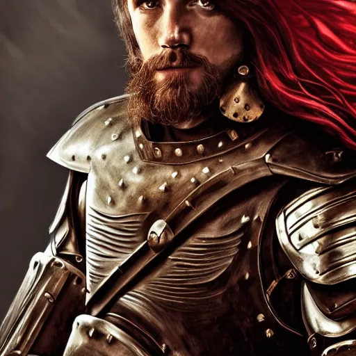 Image similar to portrait of a guy with battle armor,Grim fantasy, D&D, HDR, natural light, medium close shot, dynamic pose, award winning photograph, Mucha style