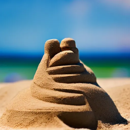 Image similar to sand sculpture of bob ross, on a busy beach, highly detailed, photograph, 5 0 mm f 1. 4, bright sunlight