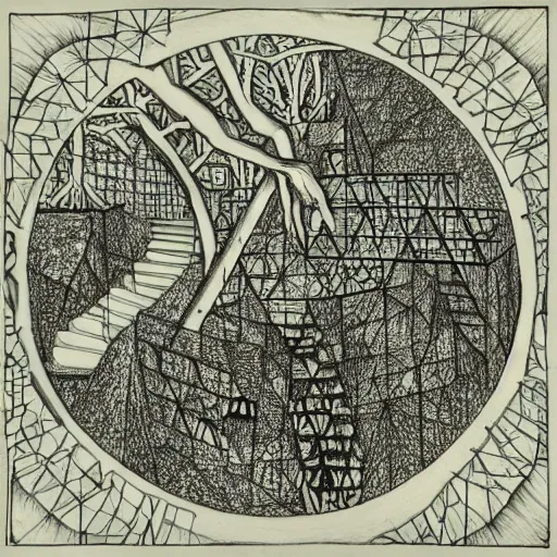 Image similar to a non - euclidean city by the river with a forest, detailed drawing by m. c. escher