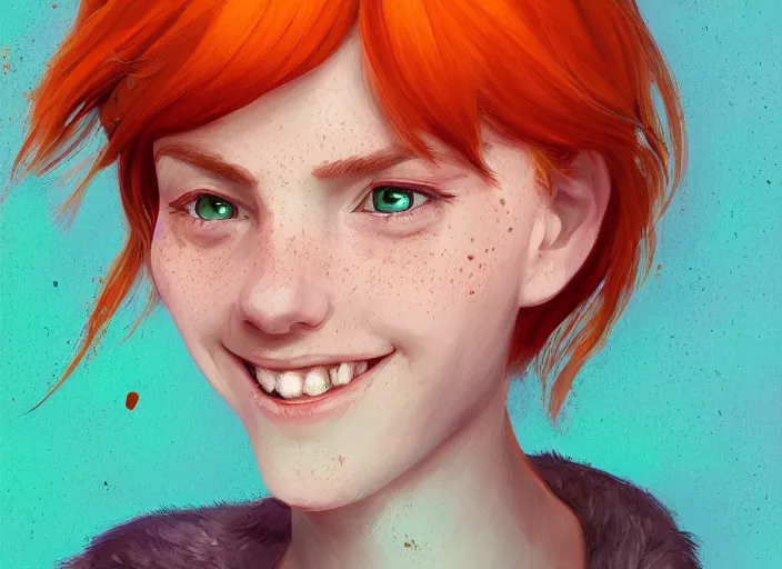 Prompt: portrait of a beautiful smiling girl with orange hair and freckles, green eyes, highly detailed, digital painting, concept art, smooth, sharp, focus, background is purple, artstation, style by Julia Razumova