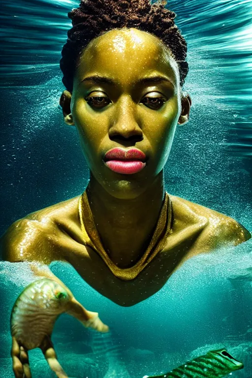 Prompt: hyperrealistic precisionist cinematic half underwater scene with fish and algae, very expressive! translucent elegant african goddess getting out of water, gold jewerly, highly detailed face, digital art masterpiece, aykut aydogdu zener, dramatic volumetric light, long shot, low angle uhd 8 k, sharp focus