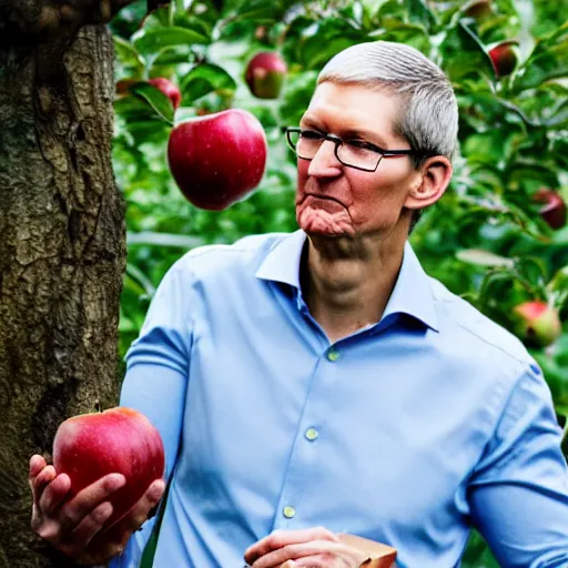 Prompt: tim cook eating apple inside an apple tree