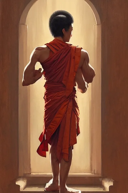 Image similar to buddhism, guard, male, painting by greg rutkowski, j. c. leyendecker, artgerm