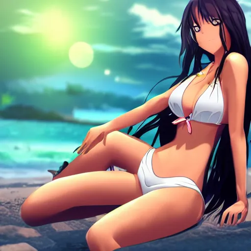 Prompt: beautiful anime woman, photo realistic, futuristic, in a bikini