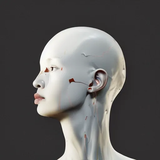 Prompt: a white marble kintsugi mannequin's head in a dark room, directed gaze, a computer rendering by hsiao - ron cheng, zbrush central, neo - figurative, volumetric lighting, physically based rendering, zbrush