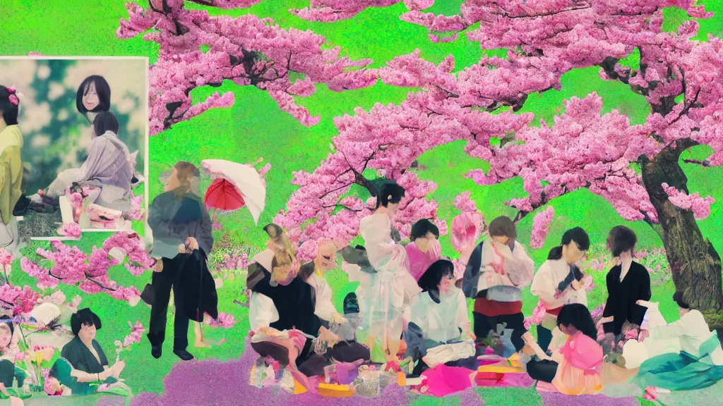 Prompt: a small group of people flower viewing sakura picnic, japan, a collage painting, in the style of wes anderson, lola dupre, david hockney, isolated on negative white space background dark monochrome neon fluorescent spraypaint accents volumetric octane render