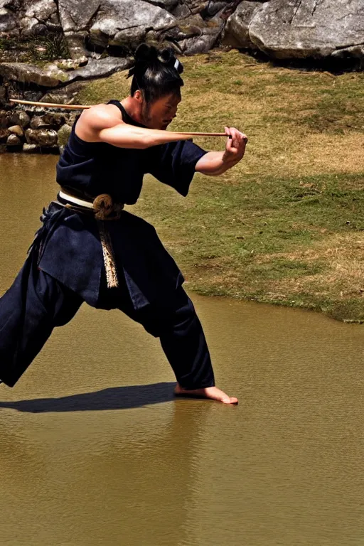 Image similar to samurai, duel, lake, spiked, sharp focus, extremely detailed