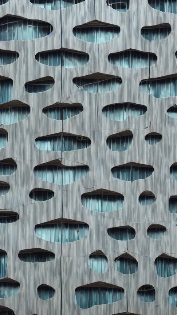 Prompt: hyperrealistic photo of a futuristic wood clad building in a urban setting. the building has many crowded balconies with hanging plants and large windows. parts of the building are wrapped in billowing fabric tarps. the fabric tarps are translucent mesh with large holes for balconies and windows. the fabric hangs from metal scaffolding. sharp focus. 8 k