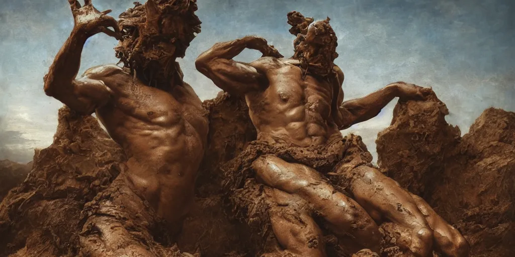 Image similar to highly detailed photography of a strong men made of rust clay, big rocks, hand gesture, sharp focus, dust particles, dirt, wet, dramatic scene, aesthetic, dynamic lighting, elegant, harmony, masterpiece, by roberto ferri, blue background, high quality, spatula
