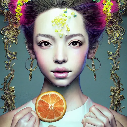 Image similar to the portrait of an absurdly beautiful, graceful, elegant, sophisticated, young idol made up of lemons, an ultrafine hyperdetailed illustration by kim jung gi, irakli nadar, intricate linework, bright colors, octopath traveler, final fantasy, unreal engine 5 highly rendered, global illumination, radiant light, detailed and intricate environment