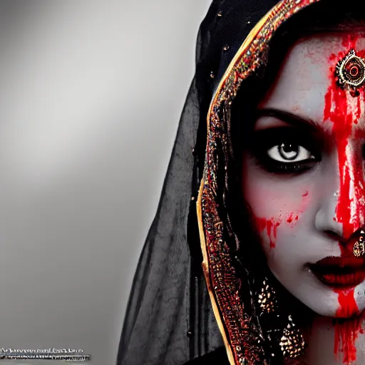 Image similar to beautiful Hindu lady of the dark with veil, cover with blood, horror terrifying, soft light, realistic, photorealistic, ultra detailed, high definition, irwin penn, full HD, 8k!