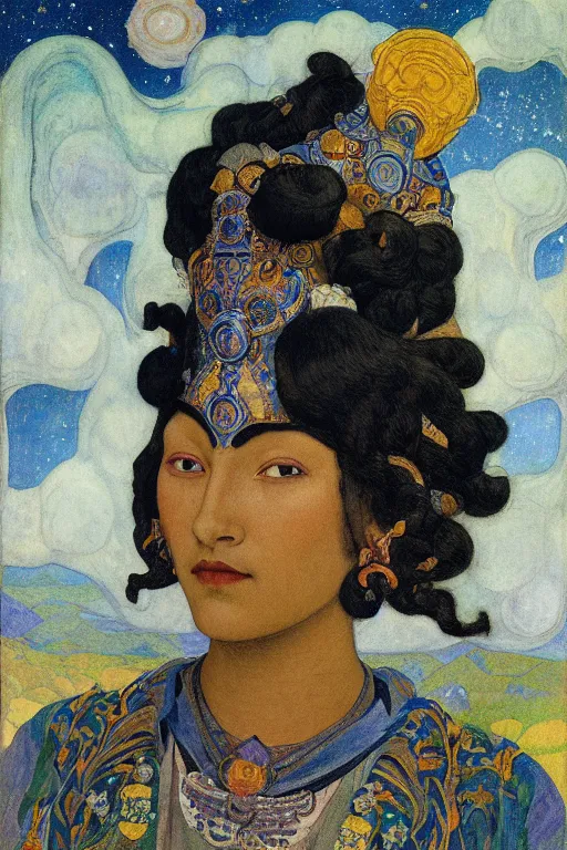 Image similar to queen of the moon with stars in her hair by Nicholas Roerich and Annie Swynnerton and Diego Rivera and jean delville and Carl Larsson, dramatic cinematic lighting , dark skin and natural afro hair, silver jewelry, ornate headdress, flowing robes, sacred artifacts, lost civilizations, smooth, sharp focus, extremely detailed