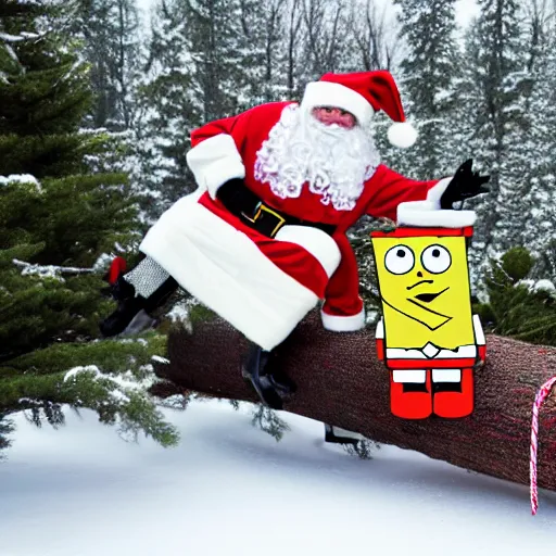 Image similar to robot santa and spongebob ride a tree log down an icy slope