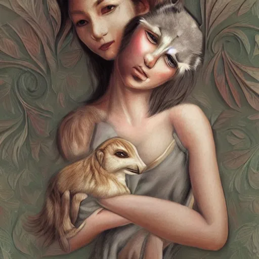 Image similar to beautiful detailed artistic portrait of a person with their spirit animal. grainy and rough. fine detail. soft colour scheme. artistic painting by lurid ( 2 0 2 2 ). featured on deviantart.