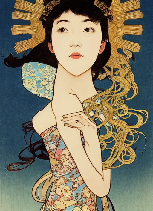 Prompt: portrait of teen Ai Uehara wearing a divine celestial elegant suit, rule of thirds, seductive look, captivating, Hokusai pastiche by Alphonse Mucha, artstation, cinematic, award winning, original modern artwork displayed on Singaporean skyscraper