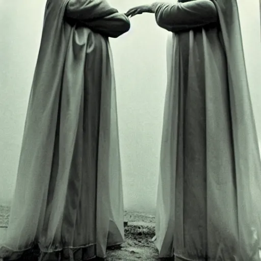 Prompt: award winning photo Floating twin nuns wearing translucent habits Very long arms, in a sanctuary, eerie, frightening —width 1024 —height 1024