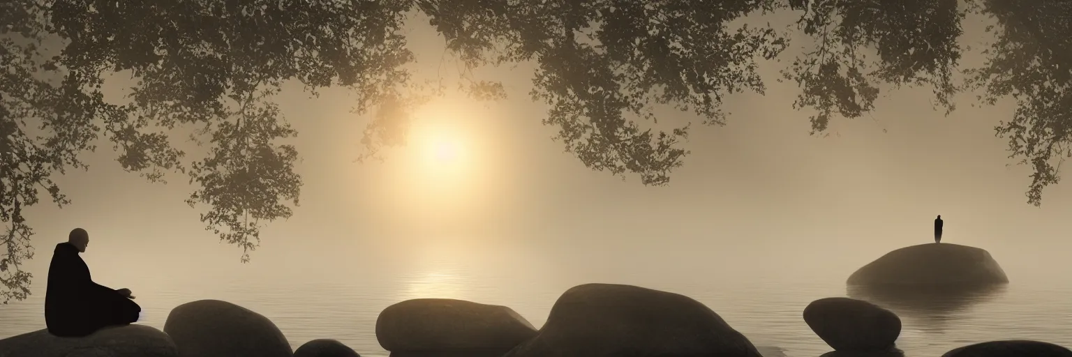 Image similar to the silhouette of a meditating monk sitting in the fog on a stone protruding from the water in the rays of the morning sun, hyper detailed.