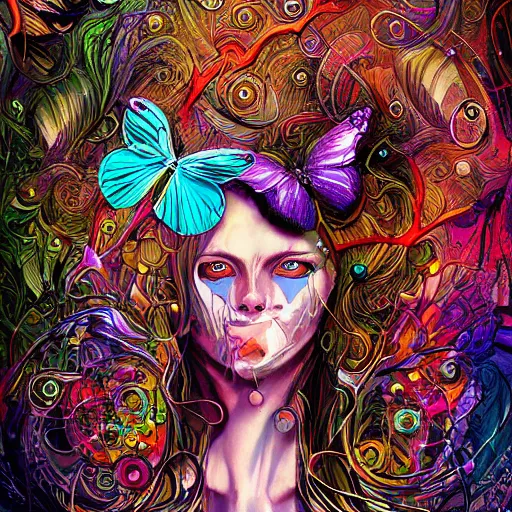 Prompt: butterfly woman neotribal psychedelic by android jones