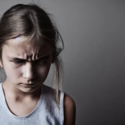 Prompt: detailed photo of a young girl around 2 0 yo, looking into the camera, looking depressed.