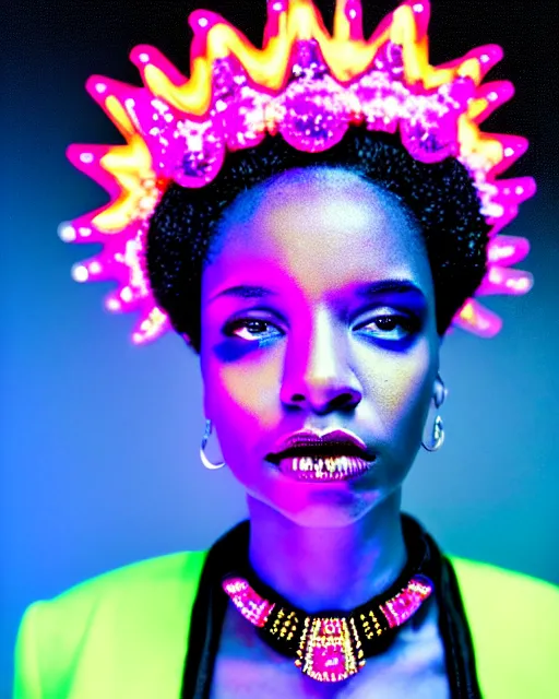 Prompt: afro futuristic portrait of a black woman. vivid neon lighting, colors. fashionable jacket, necklace. cyberpunk style, wearing a crown of blue crystals and diamond studs in the cosmos by manzel bowman