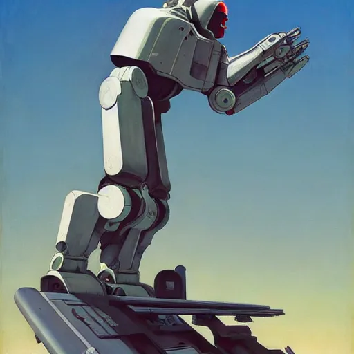 Prompt: Portrait of a white heavy mecha with a human contorling it on cockpit, very coherent, painted by Edward Hopper, Wayne Barlowe, painted by James Gilleard, airbrush, art by JamesJean
