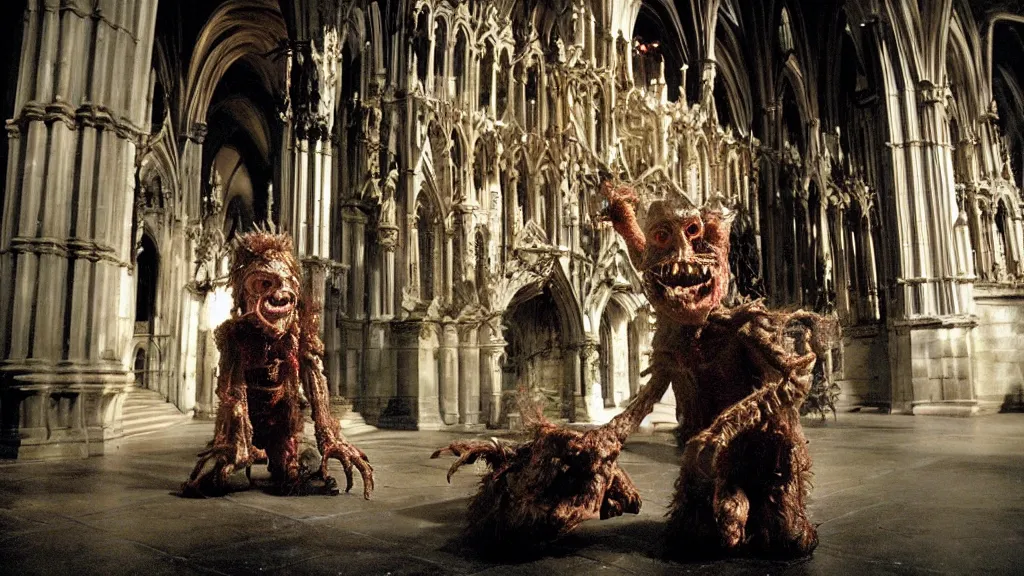 Prompt: A practical effects puppet of a cute by scary Monster with scaly skin and crazy hair by Rick Baker and Chris Walas, inside a gothic cathedral. A film screenshot from a horror movie directed by David Cronenberg. Cinamatography by Denis Villeneuve and Christopher Nolan.