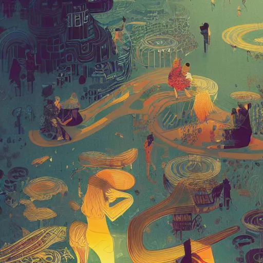 Prompt: Illustration of families by Victo Ngai and James Gilleard and Bruce Pennington