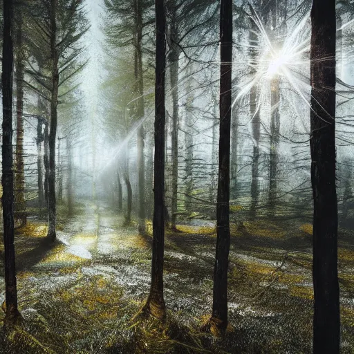 Image similar to bright nordic forest, sparkling spirits, detailed wide shot, wireframe, ground detailed, wet eyes reflecting into eyes reflecting into infinity, beautiful lighting