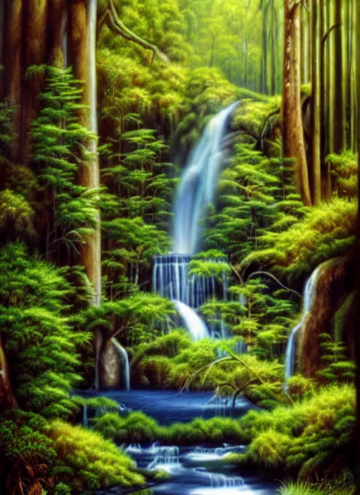 Image similar to waterfall in a forest, an airbrush painting by terry redlin, deviantart, metaphysical painting, airbrush art, detailed painting, oil on canvas
