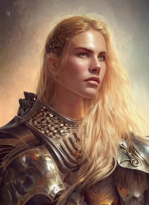 Image similar to portrait of model cara delevinge as a legendary knight warrior, au naturel, hyper detailed, digital art, trending in artstation, cinematic lighting, studio quality, smooth render, unreal engine 5 rendered, octane rendered, art style by klimt and nixeu and ian sprigger and wlop and krenz cushart.