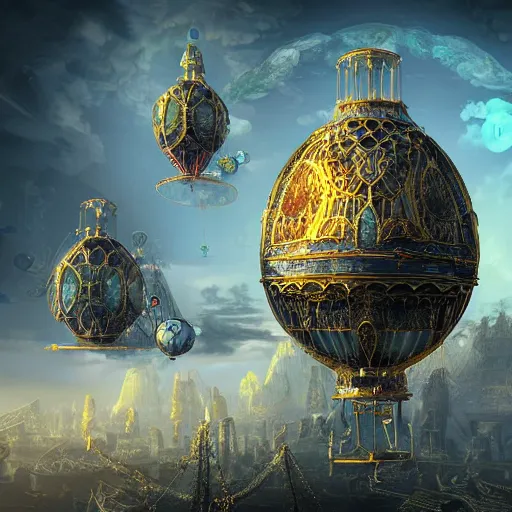 Image similar to enormous flying city in a faberge egg, sky, steampunk, fantasy art, unreal engine, intricate, intricate, intricate, intricate