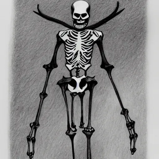 Image similar to pencil drawing of a devil skeleton in black coat