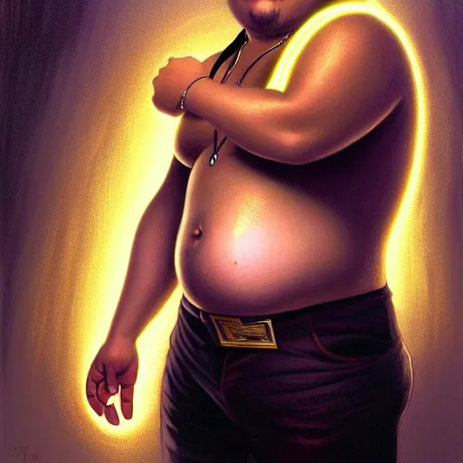 Prompt: fat overweight johnny depp showing his belly, sci fi, glowing eyes, volumetric lights, gold theme, art nouveau botanicals, intricate, highly detailed, digital painting, artstation, concept art, smooth, sharp focus, cinematic, illustration, beautiful face, art by artgerm and greg rutkowski and alphonse mucha