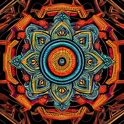 Image similar to A detailed mandala with symmetrical patterns, creating a hypnotic effect, digital painting, pixiv, concept art, 3d, by Simon Cowell, Ricardo Ow and Tom Cross