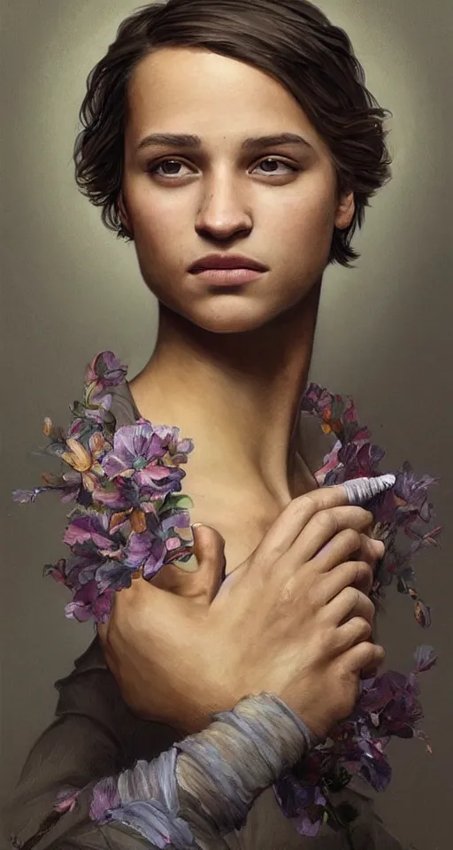 Prompt: character portrait of Alicia Vikander as a nonbinary androgynous teenager with very short hair, relaxing mood, intricate, wild, highly detailed, digital painting, artstation, whole body, concept art, smooth, sharp focus, illustration, art by artgerm and greg rutkowski and alphonse mucha