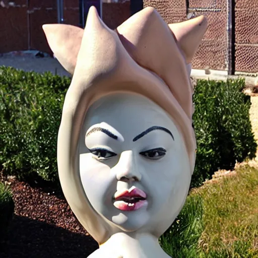 Image similar to photo of a ceramic garden gnome with the face of Lady Gaga