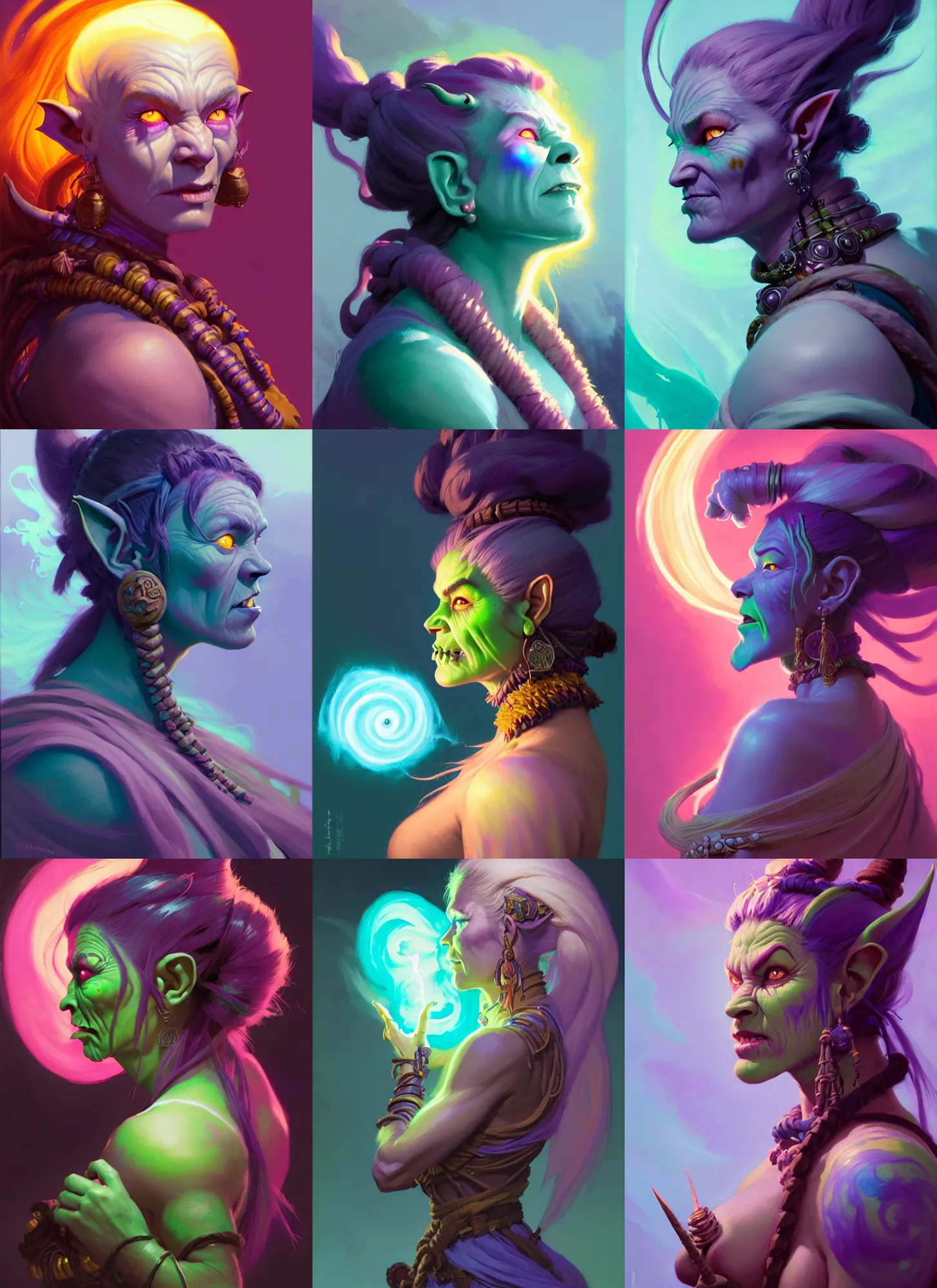 Prompt: side portrait, female orc - goblin shaman, gloomhaven, luminescent, colorful swirly magic ripples, pastel colors, by greg manchess, huang guangjian, gil elvgren, sachin teng, greg rutkowski, jesper ejsing, ilya kuvshinov