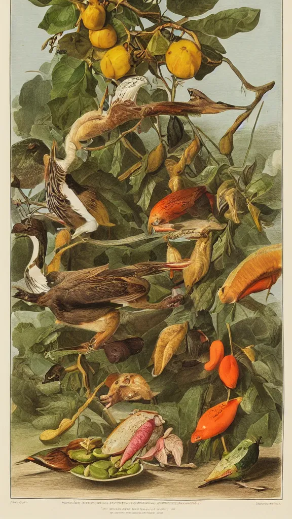 Image similar to a collection of food, illustration by john james audubon circa 1 8 3 8