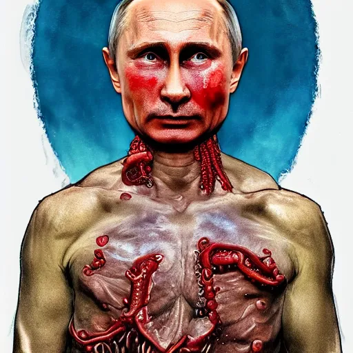 Image similar to vladimir putin became bloody ugly lovecraftian degenerate abomination, photo - realistic, color image, 2 k, highly detailed, bodyhorror, occult art
