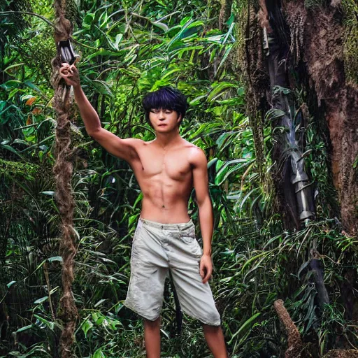 Image similar to head to toe photo, jungle book mowgli who is a 2 0 year old korean with large muscles and with long unkempt and slightly curly hair, holding a torch in one hand and an iphone in the other hand, standing in the jungles of jeju island