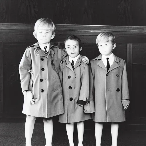 Prompt: “highly detailed photograph of a three kids on each other’s shoulders wearing a trench coat to look like a full size adult lawyer in a courtroom. Vintage 1970’s photography. 35mm.”