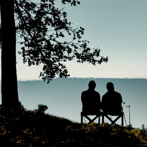 Prompt: silhouettes of two men sitting on top of a hill with a forest behind them