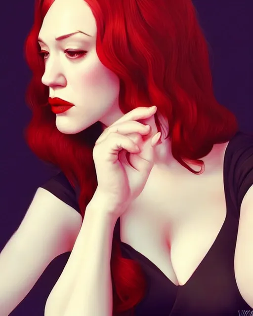 Image similar to kat dennings christina hendricks jennifer tilly, in a dress, by wlop and ilya kuvshinov and artgerm, gorgeous beautiful, stunning, deviant