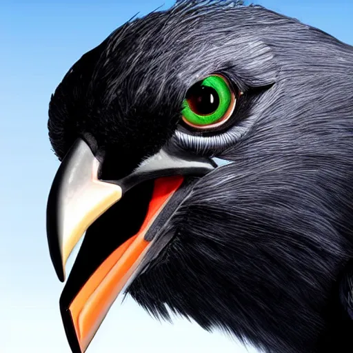 Prompt: a giant crow with a large straight black beak, photorealistic computer animation, film by Jon Favreau